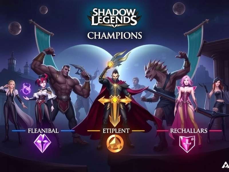 RAID Shadow Legends epic battle scene with champions and dark fantasy arena
